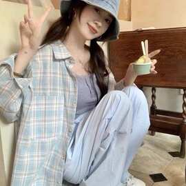 D142【实价】新款美式复古薄款格子长袖衬衫外套夏设计防晒开衫衬