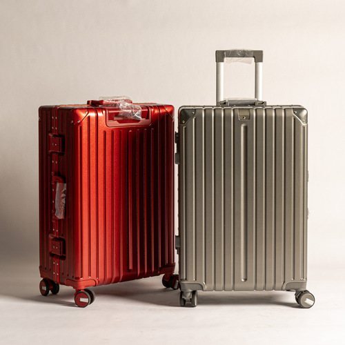 EleganceGo High-End Aluminum Frame Luggage Rolling Suitcase Large Capacity High Aesthetic Travel Case Wedding Celebration Red Leather Suitcase