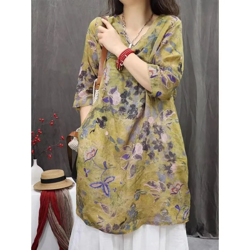 休闲时尚印花女2025春夏新款中国风复古中袖上衣中长款印花连衣裙