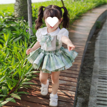 儿童炸屁裙女童jk蓬蓬裙夏套装学院风女宝宝格子背带裙半身裙