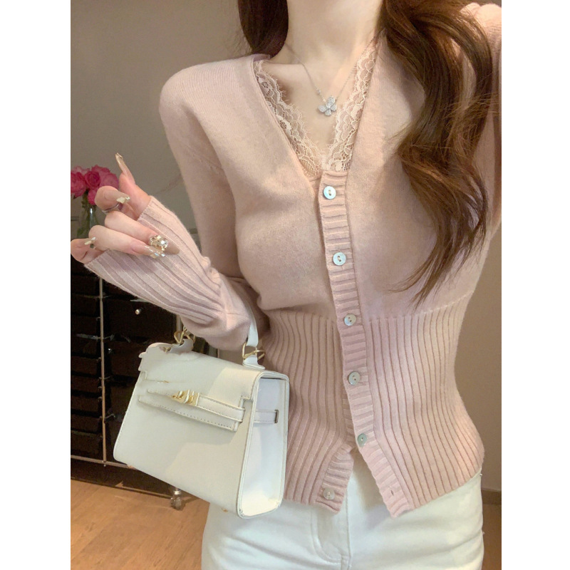 V-Neck Lace Patchwork Knit Sweater for Women, New Slim-Fit Inner Top for Spring and Autumn 2026, Trending Spring Fashion