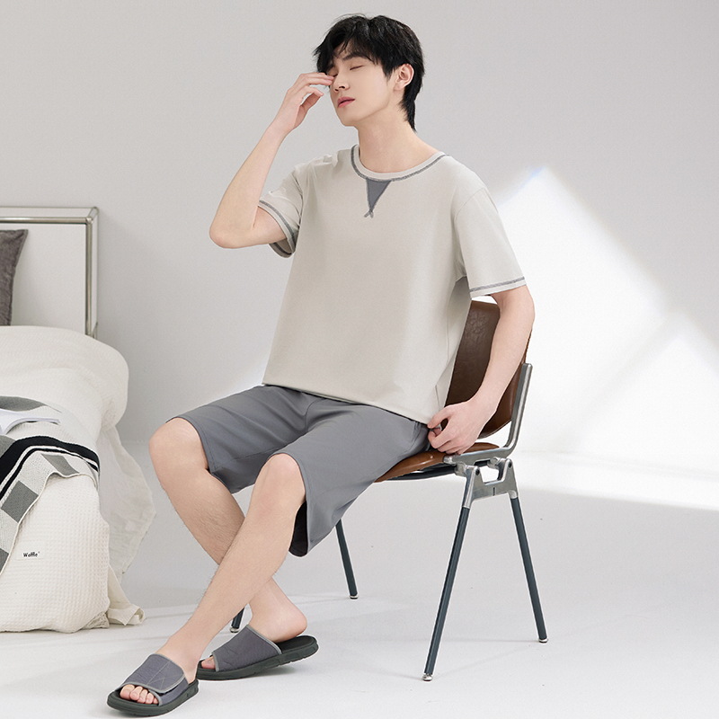 Pijamas de hombre verano algodón de manga corta cuello redondo suelto talla grande marco de tracción de verano algodón fresco traje de servicio a domicilio para niños