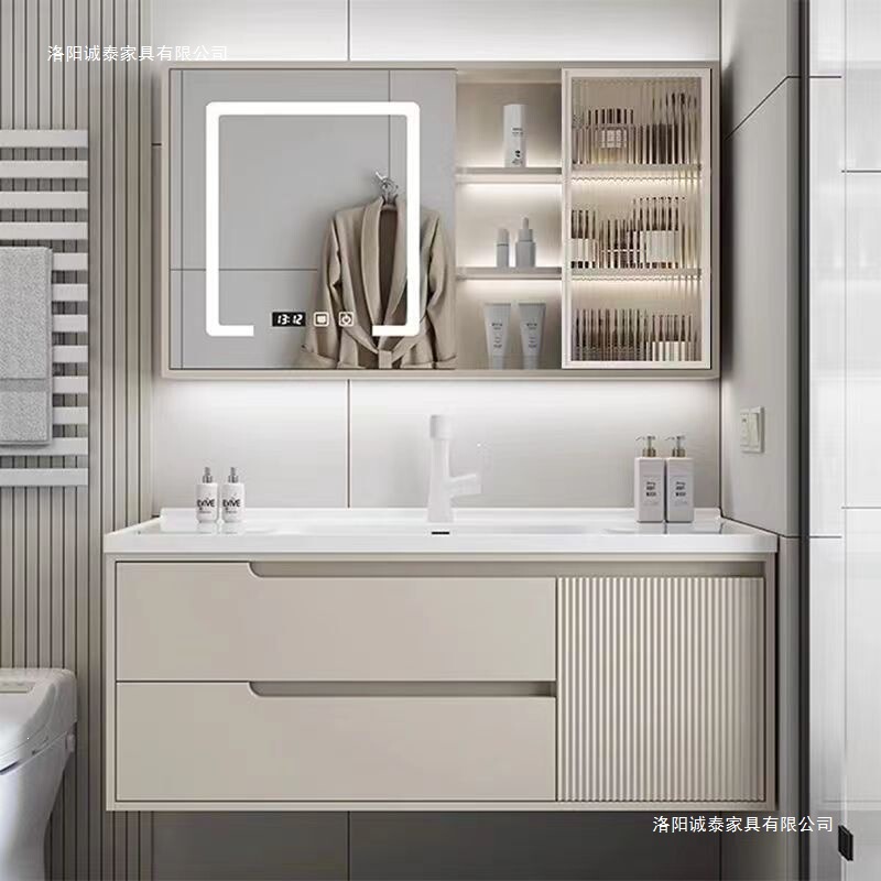 Oak Door Panel Bathroom Cabinet with Integrated Ceramic Basin, Smart Minimalist Bathroom Sink Cabinet Set