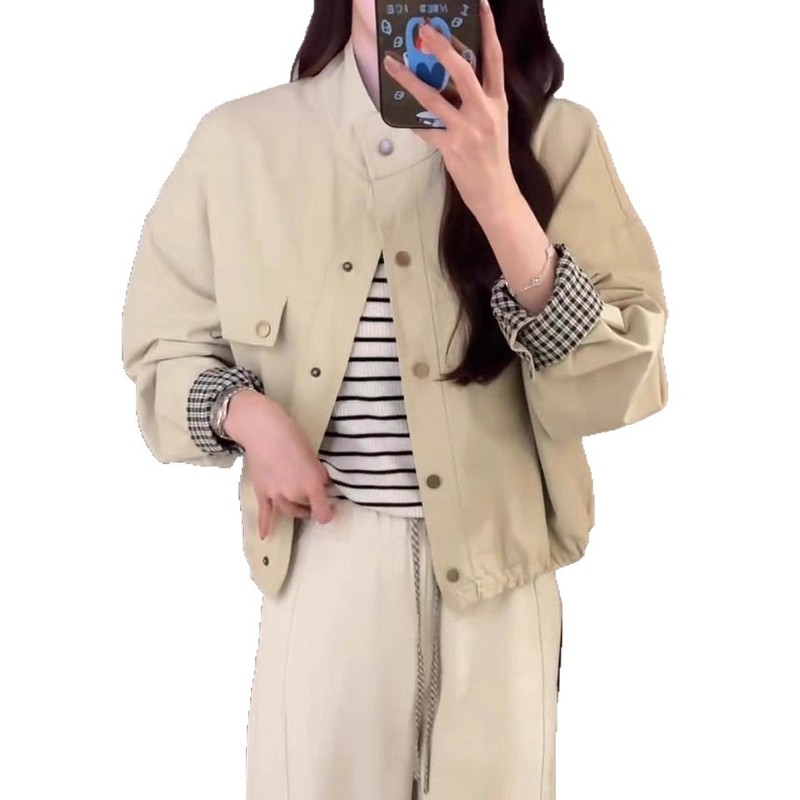 新款撞色格子宽松短款2025秋季夹克风衣外套58053|undefined
