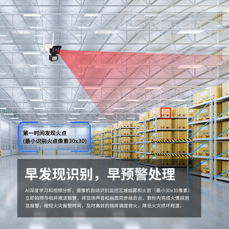 Cámara de reconocimiento de llamas AI 500W Remota Solución de servicio manual para detección de incendios de pila de carga de cobertizo