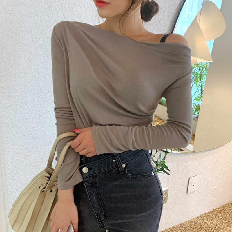 新款辣妹风斜领打底女薄款长袖t恤露肩气质修身内搭短款性感上衣
