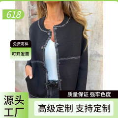 2025跨境欧美独立站秋冬条纹宽松圆领纽扣长袖毛衣外套休闲百搭