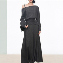 8.10新品 WESTAYOE斜肩收腰毛衣女女半身裙慵懒风套装韩系氛围感