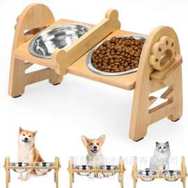 高架可调节高度木制喂狗架配有2个不锈钢碗高架狗粮和水竹木碗架
