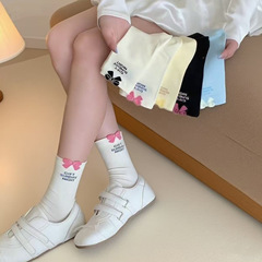 早秋蝴蝶结字母甜系中筒袜女袜新款袜子韩系袜学院风袜子