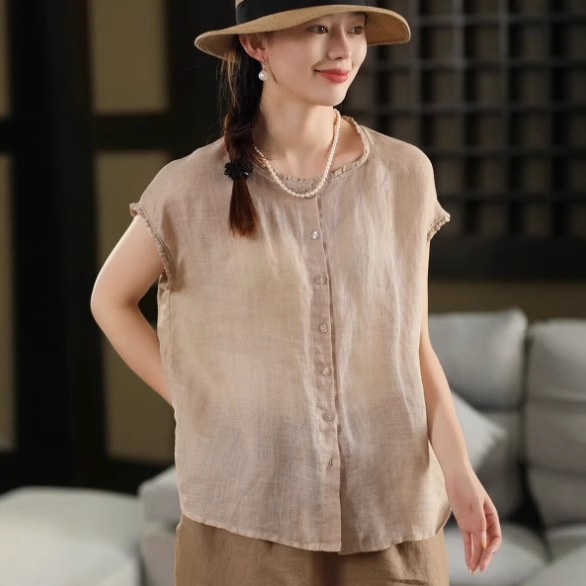 Pure Twill Ramie Short-Sleeved Shirt, Non-Transparent, Petite, Short, Ruffled Shirt, Single-Breasted Thin Top