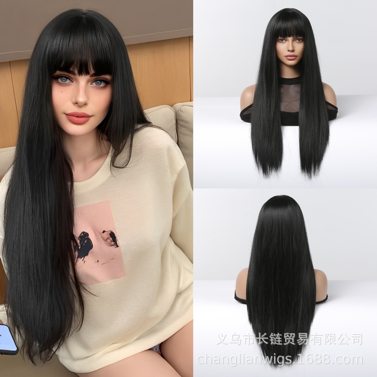 Peluca para mujer, estilo primer amor, negra larga y lisa con flequillo, fibra de alta temperatura, gorro de red rosa, peluca completa, peluca de fibra sintética para mujer, venta al por mayor en stock.