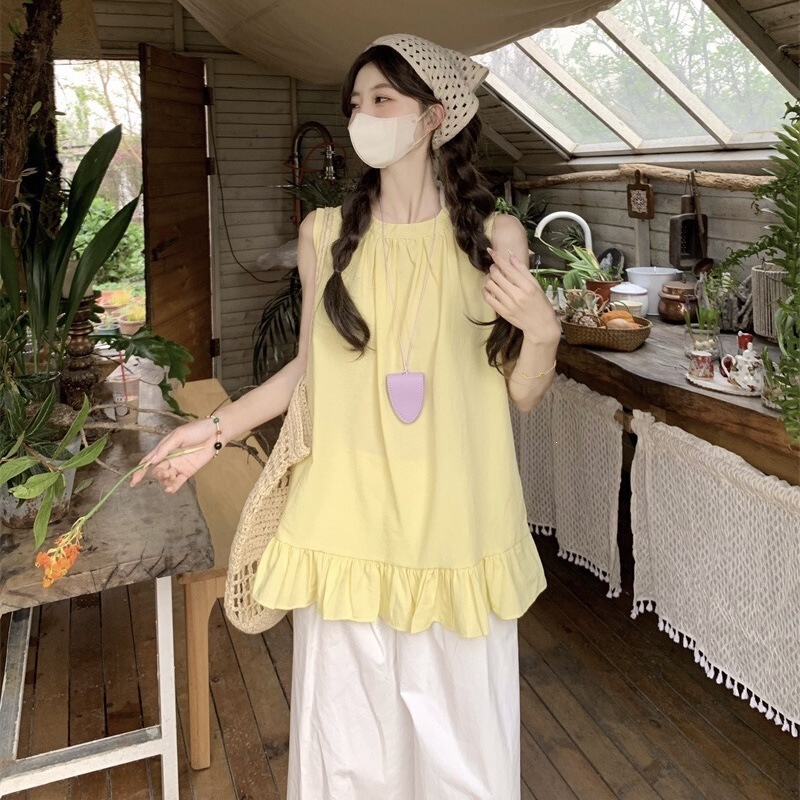 Dopamine Yellow Sleeveless Vest Shirt for Women, Summer French-Style Ruffled Youthful Loose Sweet Babydoll Top