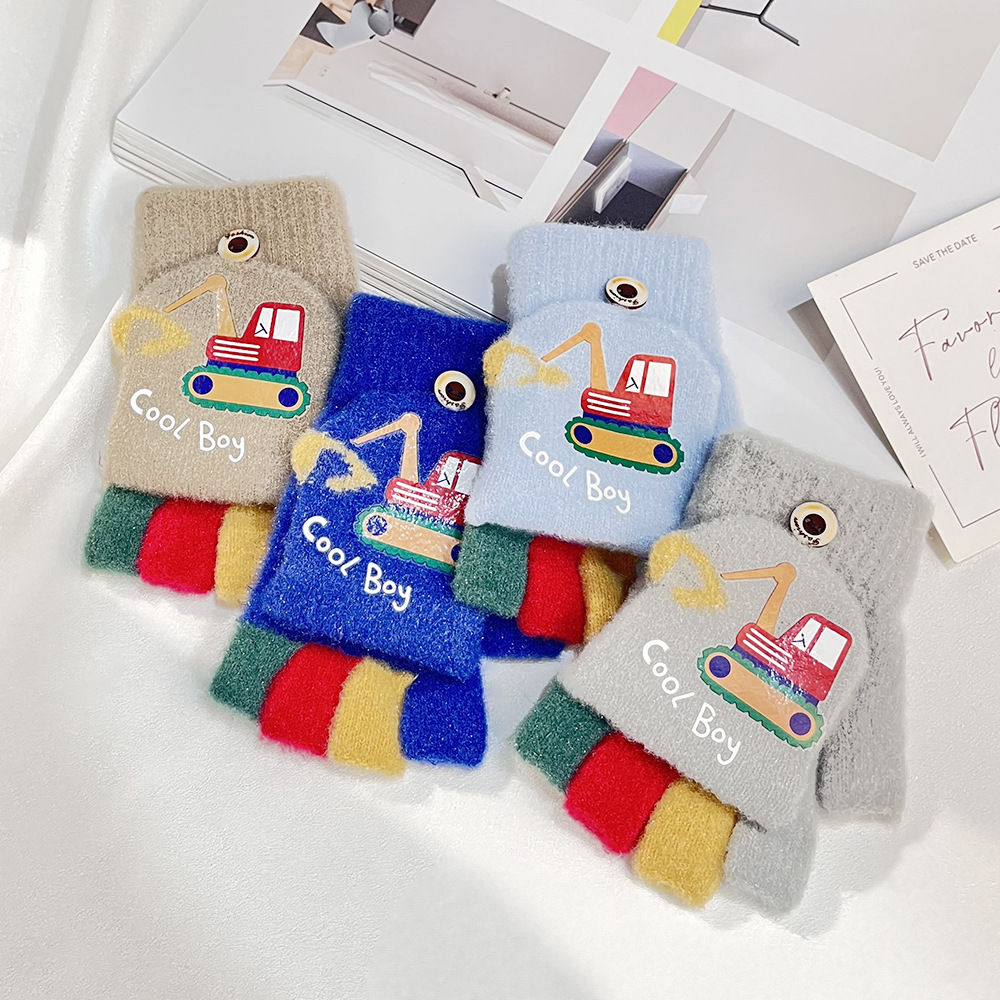 Otoño y invierno niños excavadora impresa dibujos animados adorables medio dedo flip escritura guantes de lana guantes calientes