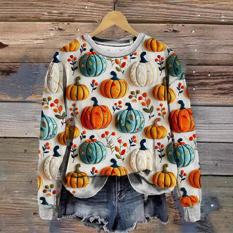 Lt European and American Cross-Border Fashion Autumn and Winter New Sweatshirt 3D Digital Printing Women's Halloween Pumpkin Festival Trendyy Round Neck