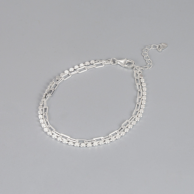 S925 Sterling Silver Bracelet Double Layer Stacked Wear Flat Bead Chain Stereo Cross Chain Simple Girlfriend Hand Jewelry Adjustable