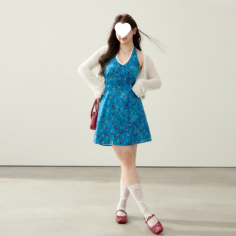 Zhang Daren 大きいサイズの女性服ファットガール mm スリム花柄ドレス海辺のリゾートスタイル夏の美しいホルターネックスカート|undefined