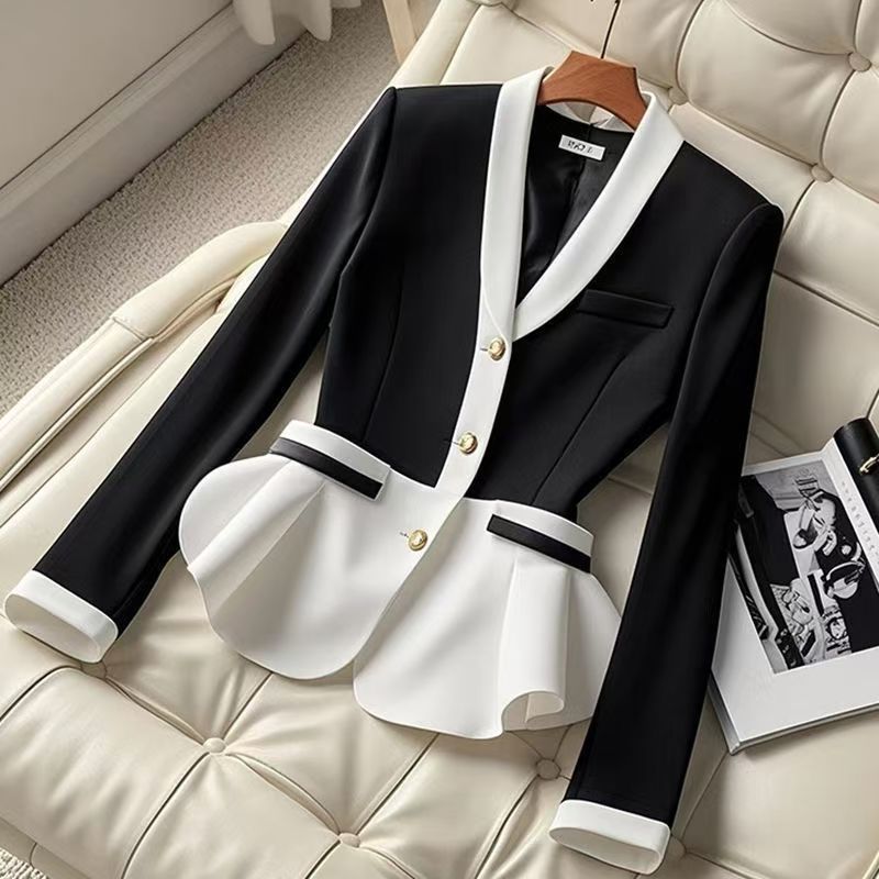 Abbigliamento da donna di alta qualità, di lusso, a contrasto di colore, piccolo abito a maniche lunghe con scollo a V, stile da donna gentile_voghion.com