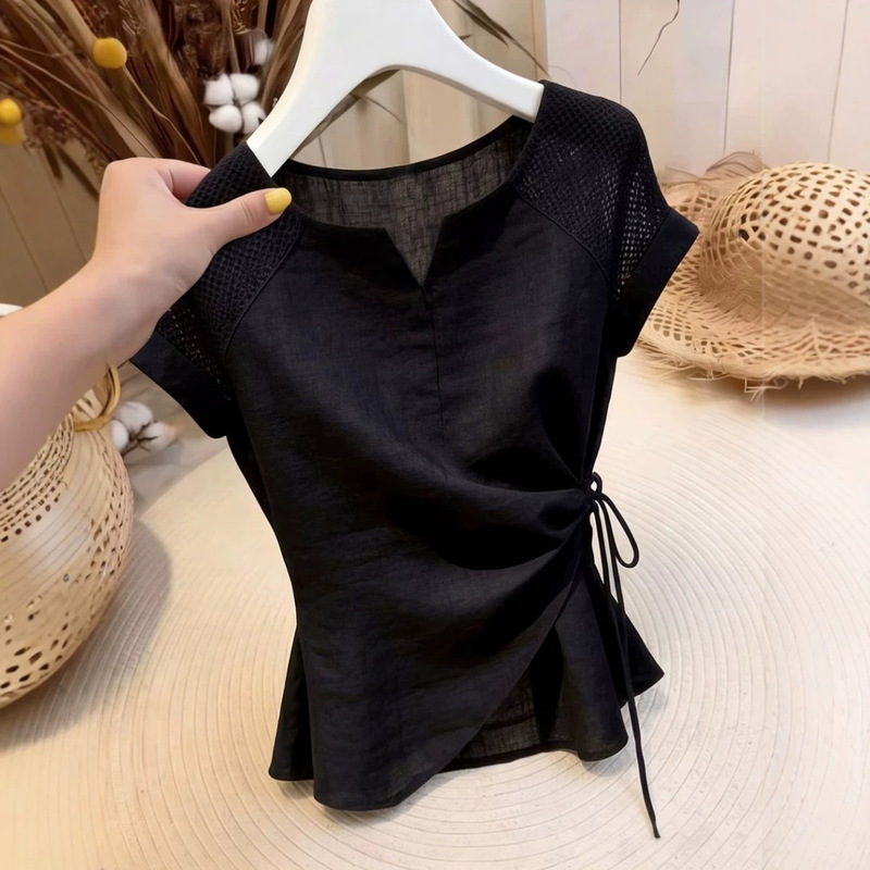 【Dropshipping】New Summer Fashionable and Stylish Short-Sleeve Blouse with Irregular Twist and Waist-Cinching Design