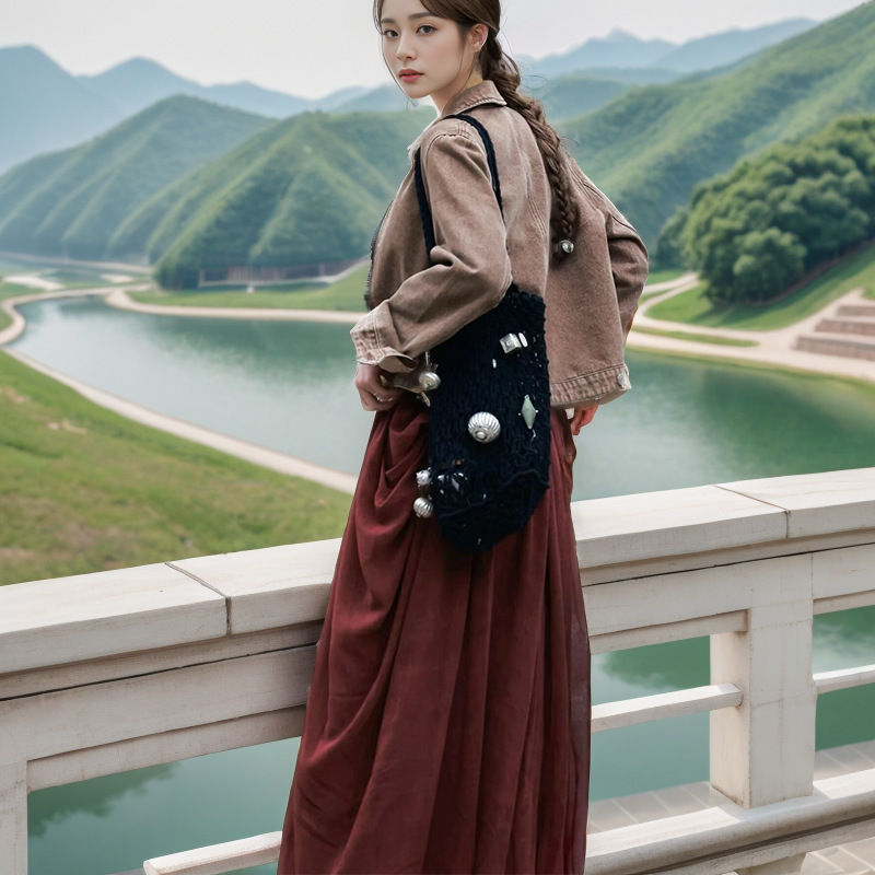 Star Same Style Brown Vintage Short Coat wine red Long Dress Strap dress Elegant suit Spring and Autumn Women