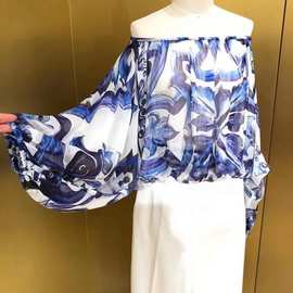 官网走秀欧美风女装2022夏款跨境新品复古青花瓷印花飘逸上衣衬衫