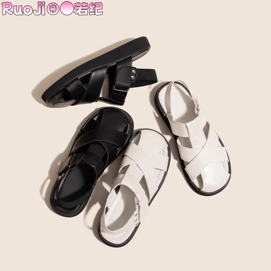 2025 Summer New Genuine Leather Hollow Woven Piggy Cage Roman Sandals Women's Design Sense Niche Velcro Versatile