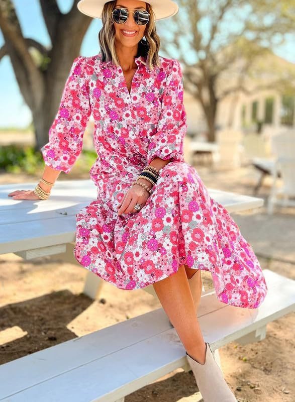 Casual Loose Fitting Bohemian Floral V Neck Dress Long Sleeved Puff Sleeve Women's Clothing New Spring Summer_ecoleips.com