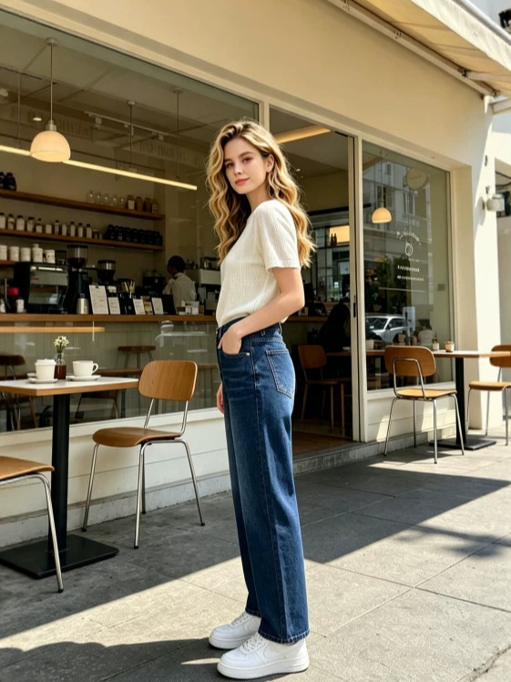 Jeans Rectos de Cintura Alta para Mujer de Mezclilla de Algodón, Sin Elasticidad, Lavado con Agua, para Uso Casual