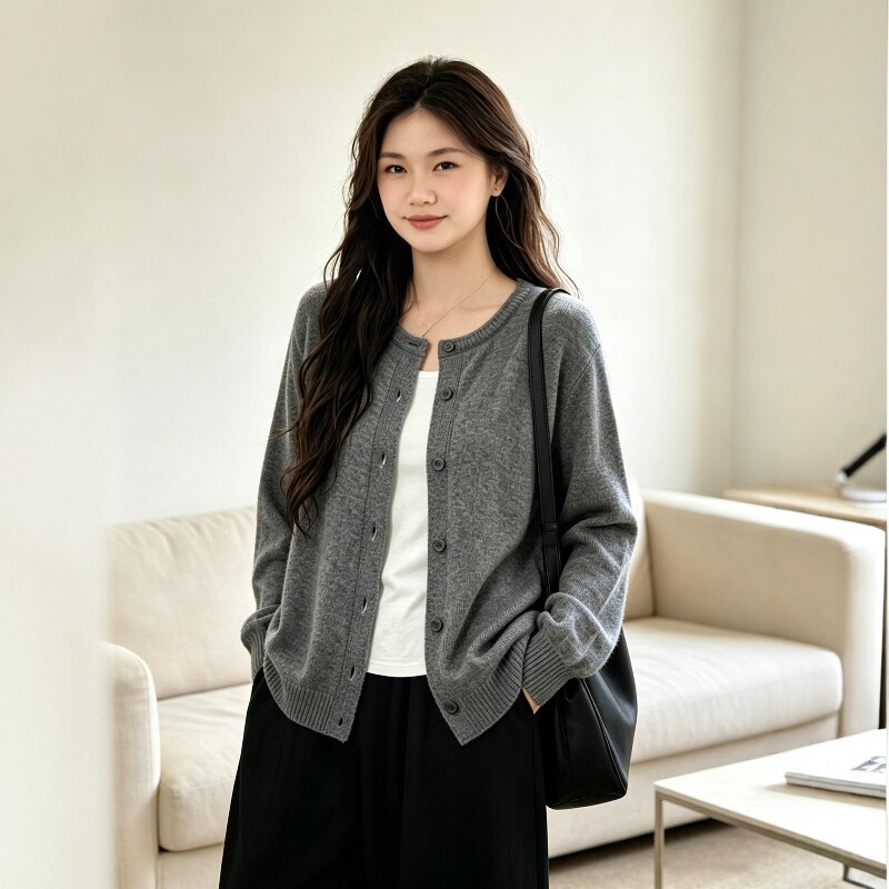 Women's autumn knitted cardigan, 2026 new collection, stylish and elegant, available in gray and black, basic knit, thin outerwear, 9207