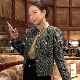 有货 韩国法式复古气质感休闲显瘦粗花呢小香风短外套女