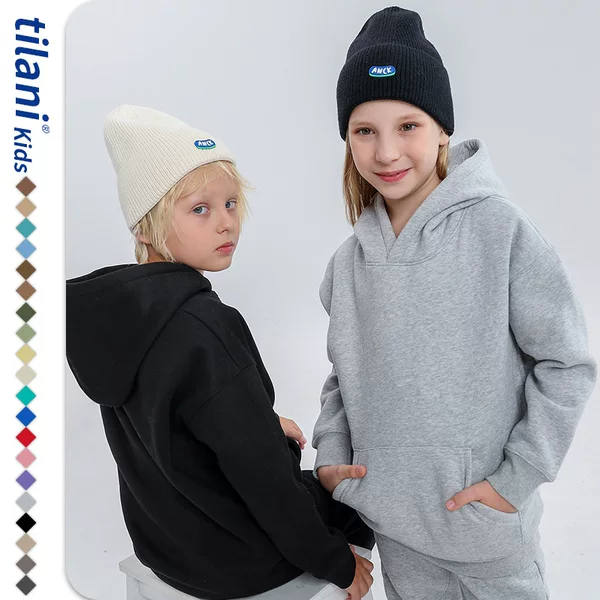 Xinjiang Children's Clothing European and American Trendy Brand 350g Solid Color Children's Hooded Sweatshirt for Boys and Girls, Loose-Fitting Children's Clothing