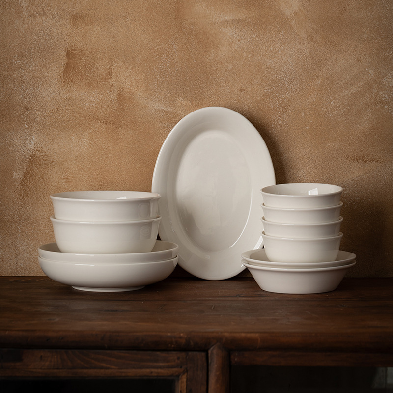 [Off-White] Dehua White Porcelain Tableware Set Household Ceramics 2-4 People Dinner Plate Bowl Small Set Fish Plate Soup Noodle Bowl