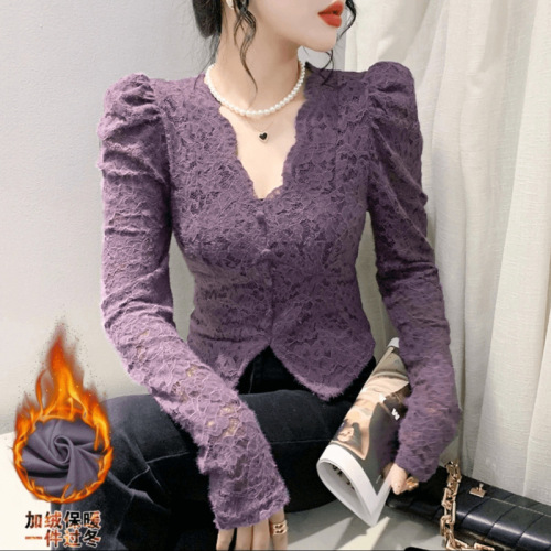Lined and Thickened French Lace Collar Fashion Bubble Sleeve Blouse for 2025 Autumn/Winter - Versatile Lace Top