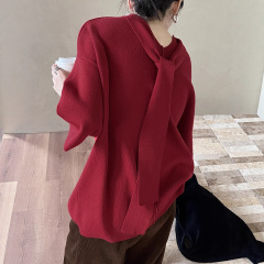 初打十三行秋冬新款松弛飘带羊毛五分袖宽松半高领毛衣女ZA6139