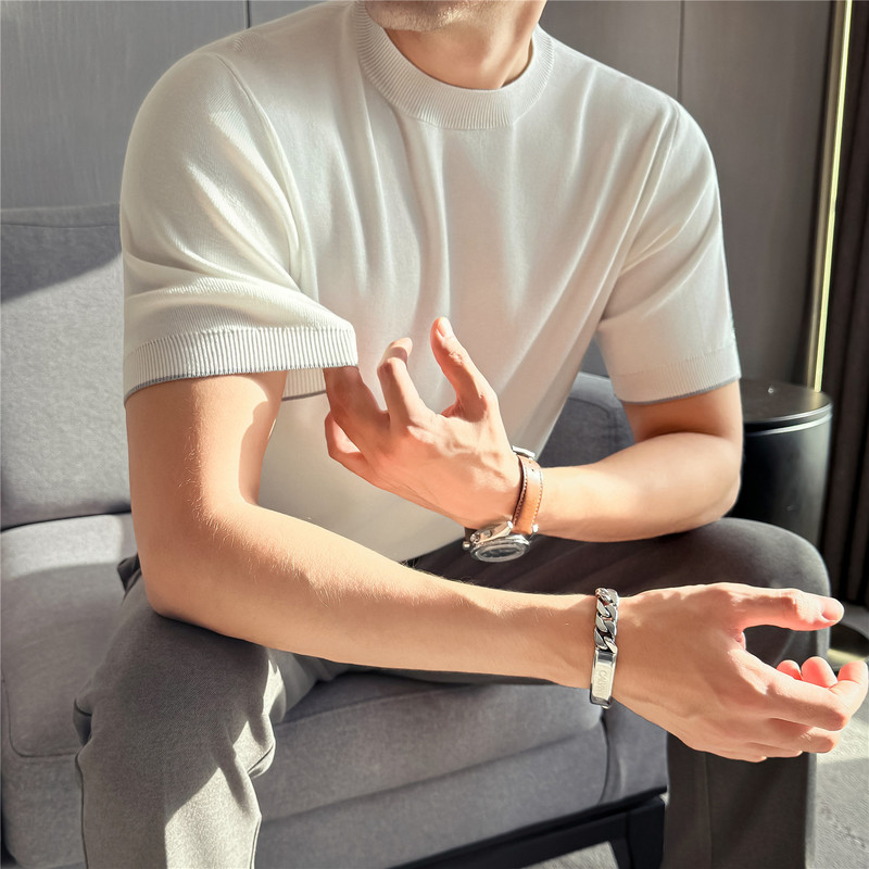 Summer New Style Core-Spun Yarn Men's Knitwear T-Shirt, Comfortable, Breathable, Stretchy, Short-Sleeved, Business Casual, Solid Color