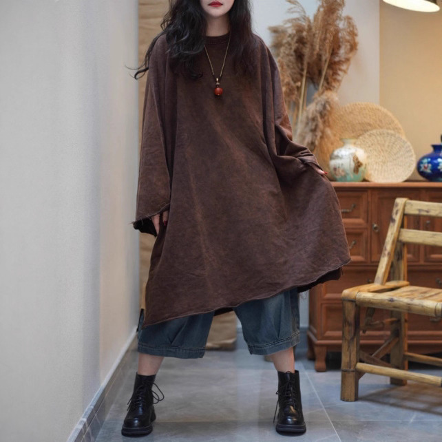 复古炒色毛边做旧连衣裙女2025夏季新款200斤宽松大褂中长款遮肉|undefined