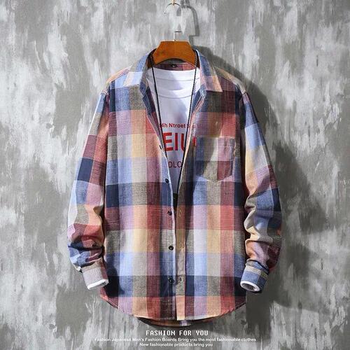 Clearance Bargain Grid Long-Sleeve Shirt for Men Loose Spring and Autumn Trendy Korean Version Shirt for Men Construction Site Workwear