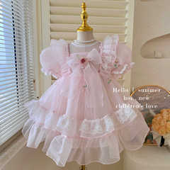 New 2024 Fresh Rose Dress Princess Summer Girls' Formal Dress Children Baby Girls' Bubblesleeve