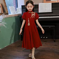 Платье Cheongsam для девочек, свадебное платье с цветочным узором для девочек, красное платье в китайском стиле, детский костюм для выступления на фортепиано