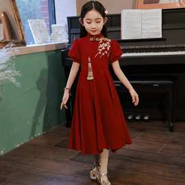 女童旗袍礼服花童婚礼女孩红色中式国风连衣裙儿童钢琴演奏演出服