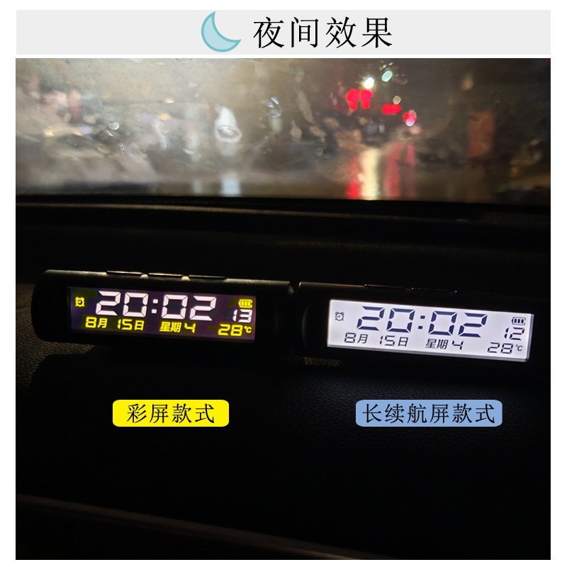 Suitable for cars, electric vehicles, solar-powered luminous car clocks, thermometers, week and date displays, and universal use in trucks and buses