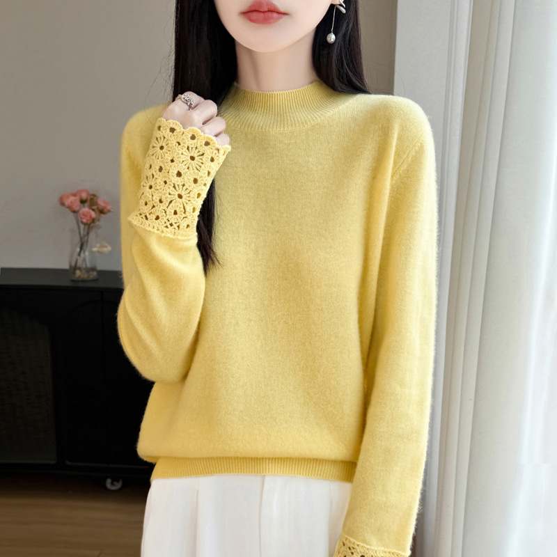 Half-turtleneck, crocheted patchwork, long-sleeved 100% wool knit sweater for women, featuring a gentle, loose, and stylish design, perfect as a warm base layer Half-turtleneck, crocheted patchwork, long-sleeved 100% wool knit sweater for women, featuring a gentle, loose, and stylish design, perfect as a warm base layer