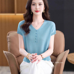 夏季冰丝针织短袖t恤女2025年新款时尚百搭V领薄款舒适T恤上衣女
