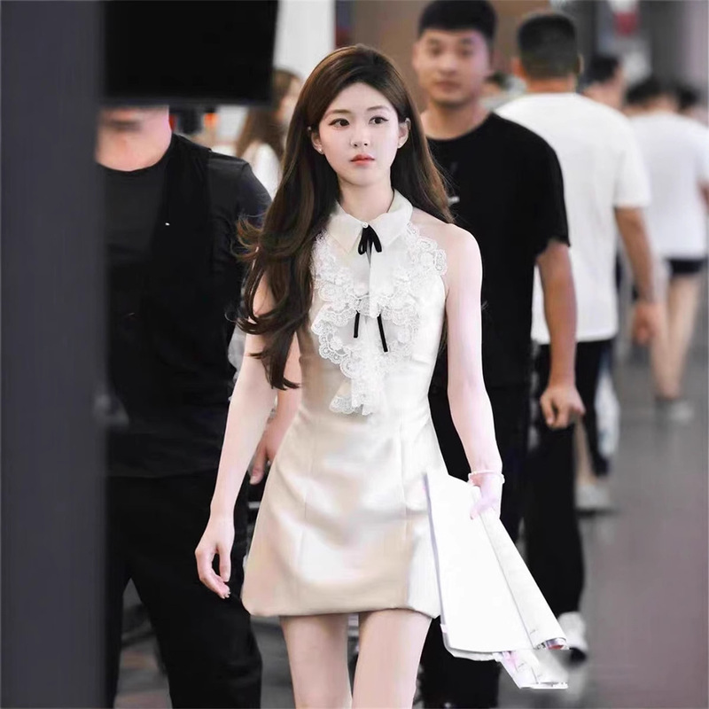 Zhao Lusi Star's Same Style Ladylike Commuter Shirt Lapel Sleeveless Lace Decoration Slim Dress Short Skirt Summer Zhao Lusi Star's Same Style Ladylike Commuter Shirt Lapel Sleeveless Lace Decoration Slim Dress Short Skirt Summer