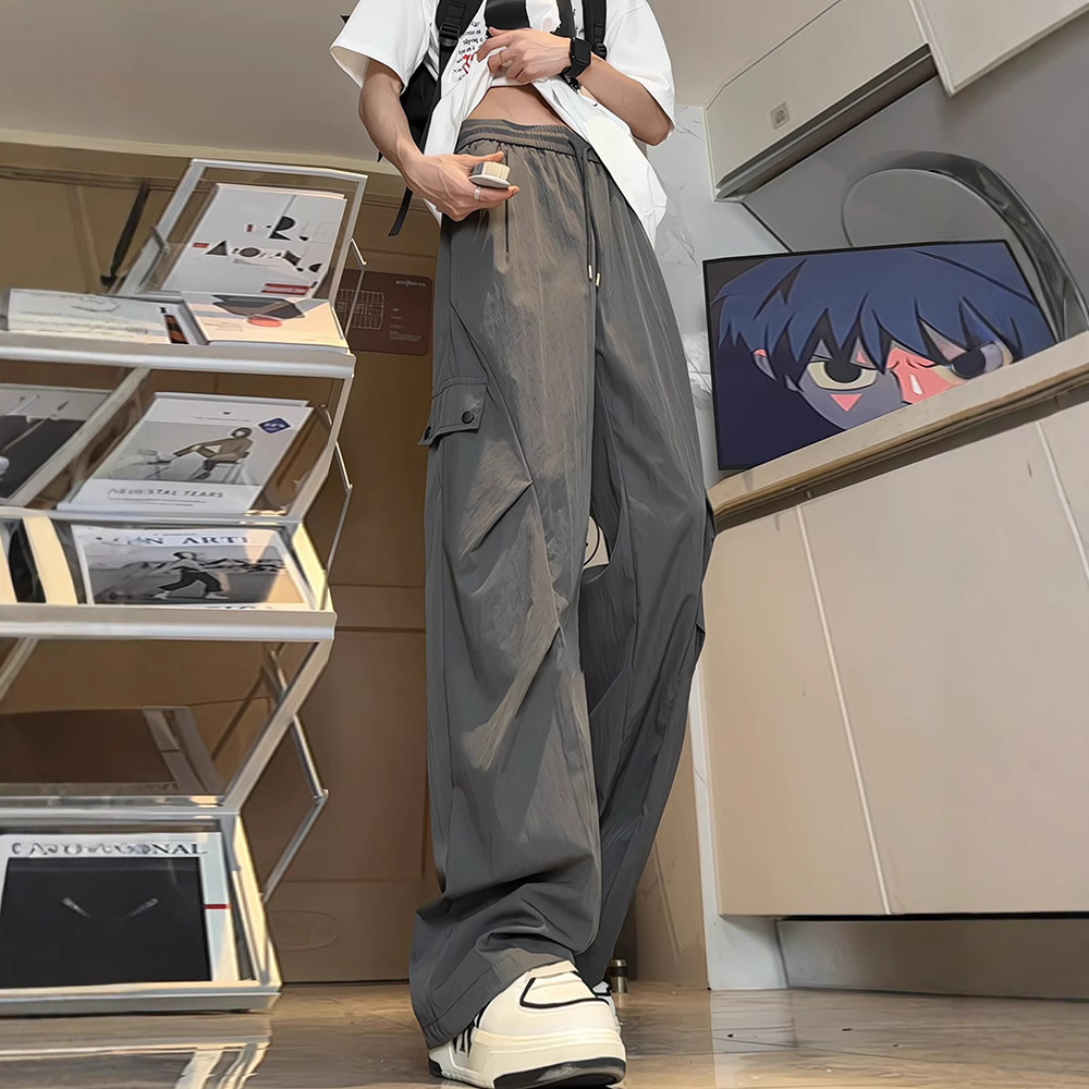 dark gray American-style overalls men's summer thin tall long quick-drying pants pleated hiking paratrooper pants