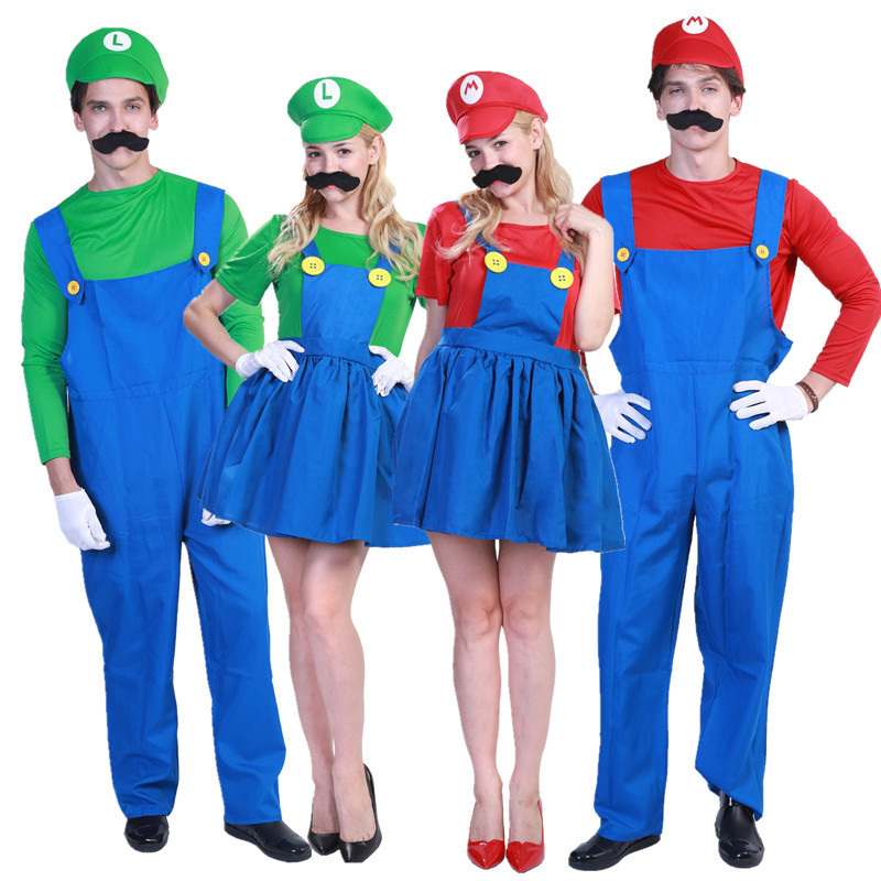 Mario Costume Adult Super Mario Unisex Performance Suit Role Play Belts Pants Dress Couple Set