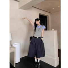 【クールシルクコットン糸40番手 1×1】フェイクツーピースストライプ半袖Tシャツ レディース スリムフィット 右肩Vネック