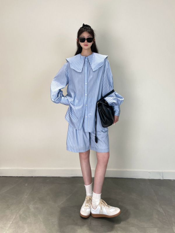 Summer Breeze Sea Salt Blue Fine Striped Doll Collar Striped Shirt Loose Wide-Leg Shorts Set for Women G091014 Summer Breeze Sea Salt Blue Fine Striped Doll Collar Striped Shirt Loose Wide-Leg Shorts Set for Women G091014