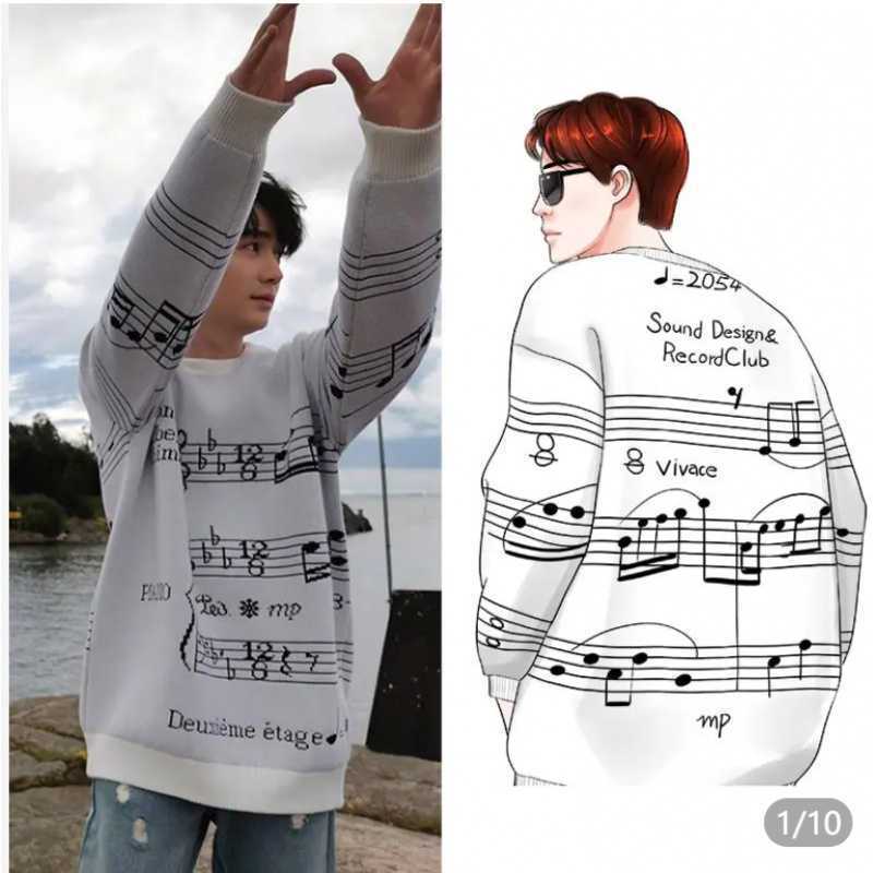 Zhu Yilong Celebrity Style Student Couple's Loose Lazy Style Pullover Knit Sweater Jacket Unisex Musical Note Sweater Zhu Yilong Celebrity Style Student Couple's Loose Lazy Style Pullover Knit Sweater Jacket Unisex Musical Note Sweater
