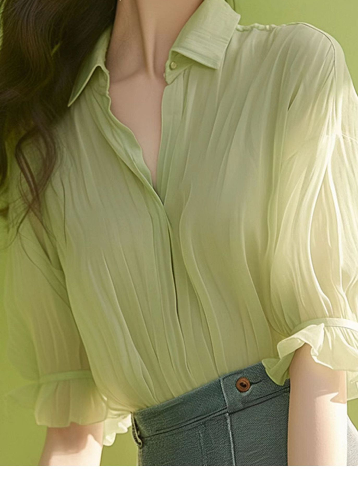 Áo sơ mi nữ tay ngắn chất liệu voan mềm mại, phong cách Pháp thanh lịch — Xanh lá cây nhạtcolor